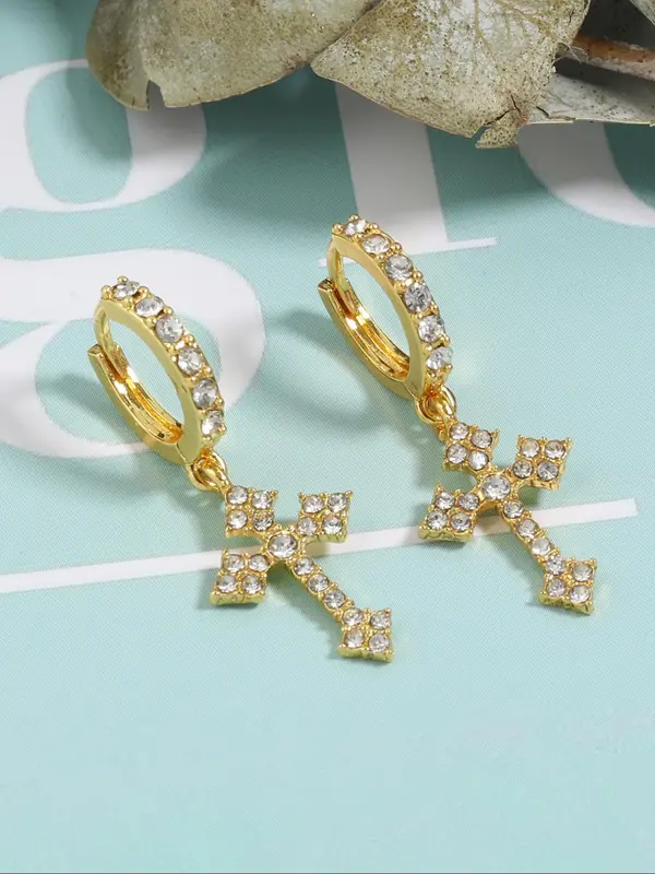 Punk Style Rhinestones Decor Cross Design Dangle Earrings As Gift, Matching Jewelry for Daily Decoration, Streetwear Goth Accessory for Musical Festival 2
