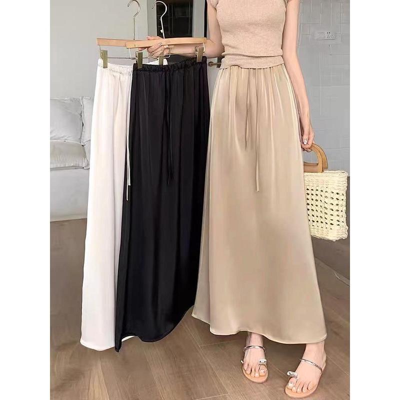 Chân Váy Maxi, Chất Liệu Acetate Và Lụa Lạnh Satin, Váy Hẹp Mùa Hè, Cạp Cao, Thiết Kế Mới, Bó Sát, Xếp Ly, Thanh Lịch, Váy Ô xòe Lớn 3