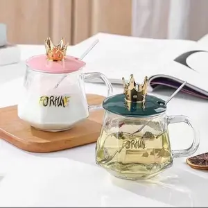 CLAIYDREAM Gelas Kaca Mahkota Crown + Sendok Tumbler Glass 350ML Aesthetic Souvenir Wedding Cangkir Teh Set