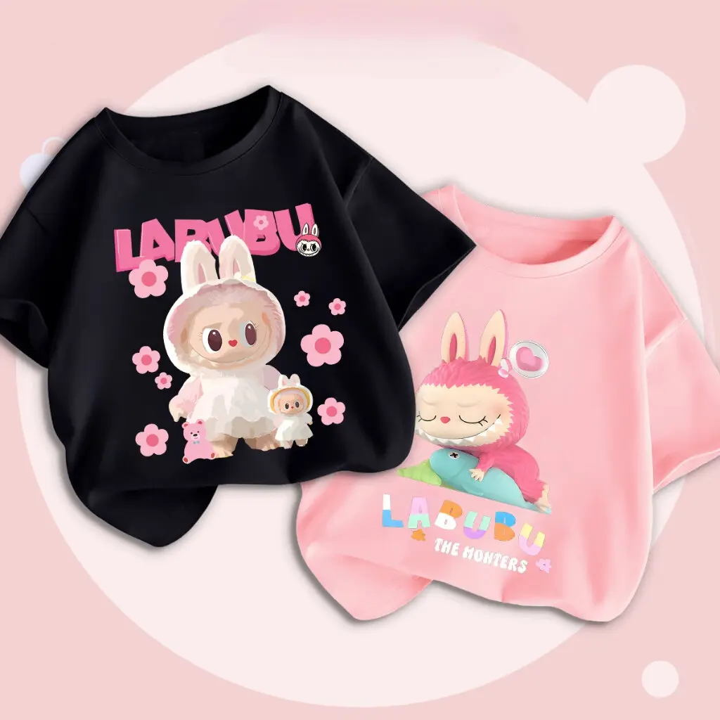 Girl'S Summer Round Neck T-Shirt Cute Labubu Pattern Printed Elastic Breathable T-Shirt