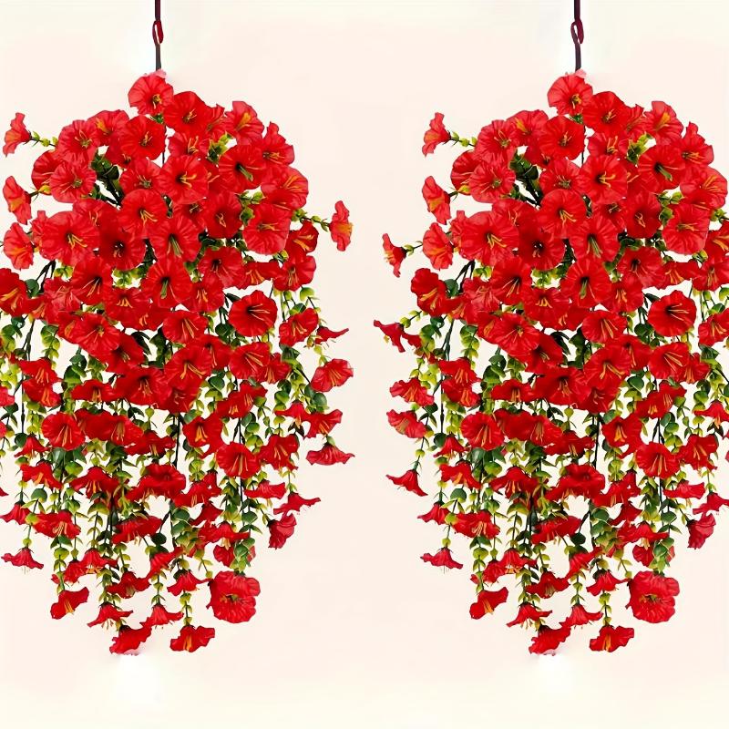 2-Pack UV Resistant Artificial Morning Glory Hanging Bouquets with Eucalyptus Leaves - Plastic Fake Daisy Plants for Outdoor Yard, All-Season Home Decor, Wedding and Engagement, Christmas, Halloween, Easter, Hanukkah, Thanksgiving No Cont Decorative Fruit 2