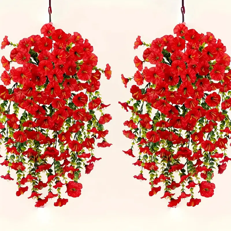 2-Pack UV Resistant Artificial Morning Glory Hanging Bouquets with Eucalyptus Leaves - Plastic Fake Daisy Plants for Outdoor Yard, All-Season Home Decor, Wedding and Engagement, Christmas, Halloween, Easter, Hanukkah, Thanksgiving No Cont Decorative Fruit 2