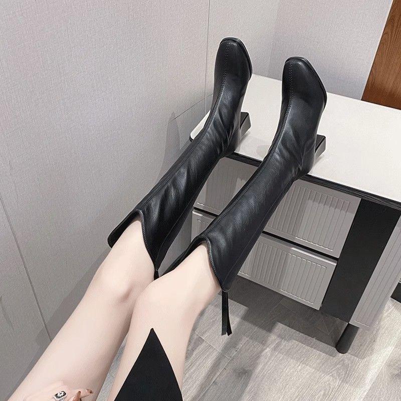 Giày bốt nữ, boots dưới gối da PU cổ V thời trang đế cao 7 phân khóa sau tiện lợi