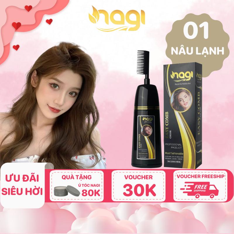  Dầu gội nhuộm tóc thảo dược Nagi màu 01 Nâu Lạnh chai 400ml 