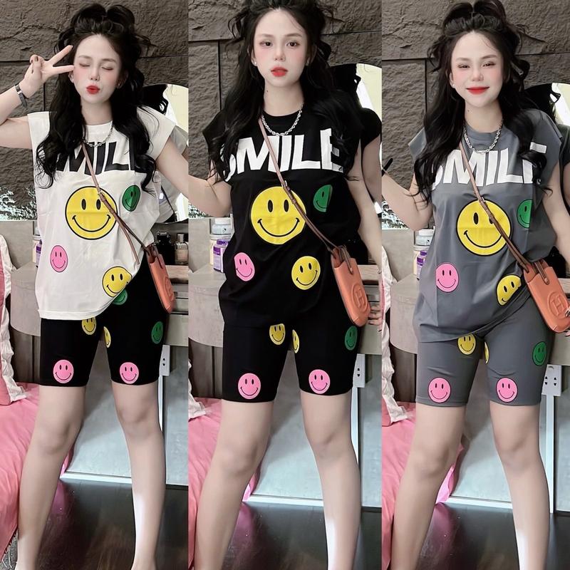 SÉT BỘ NGỐ ÁO THUN COTTON BA LỖ in hình (mc smile) phối quần ngố thun cotton in hình (mc) nữ mặc nhà đi chơi- Tuhaodobo Women Top 0