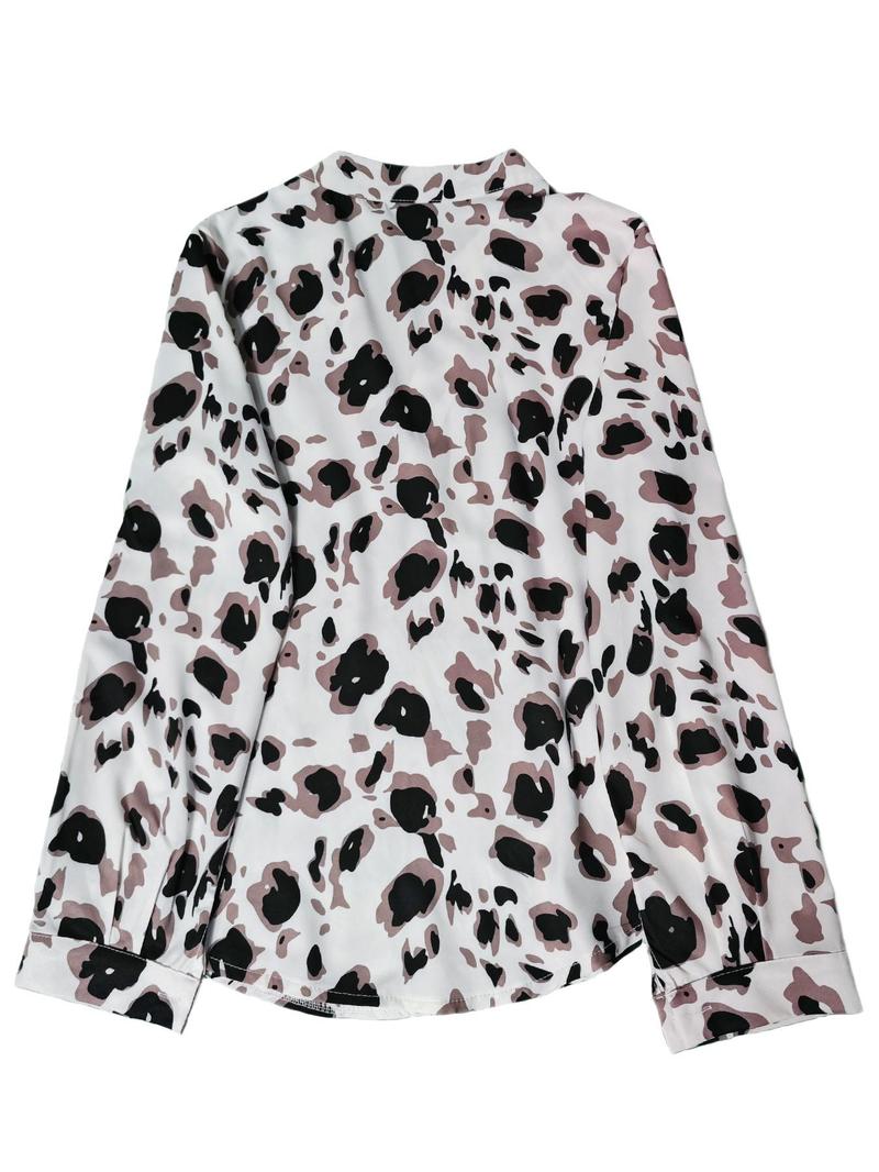Product Introduction of Women's All Over Leopard Print Notched Blouse, Casual Long Sleeve Top for Fall & Winter, Women's Clothing for Daily Wear 2