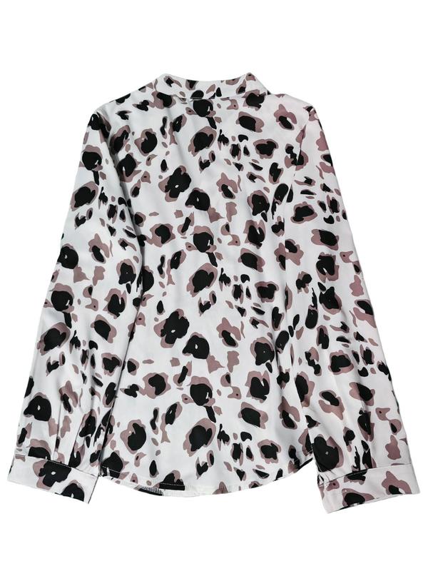 Women's All Over Leopard Print Notched Blouse, Casual Long Sleeve Top for Fall & Winter, Women's Clothing for Daily Wear 1