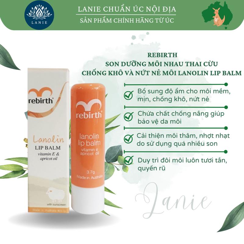Son Dưỡng Môi khô và nứt nẻ Nhau Thai Cừu Rebirth Lanolin Lip Balm 3.7g của Úc chính hãng