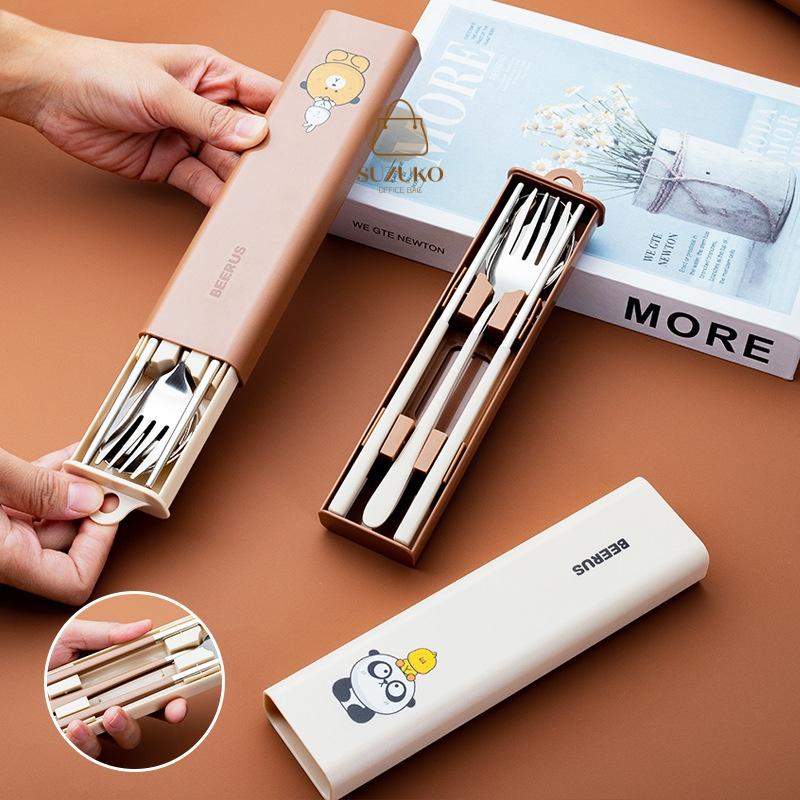 Bộ thìa dĩa văn phòng, set hộp đũa thìa INOX 304 cá nhân cute hình gấu cute cho bé, đựng đũa thìa đi làm văn phòng TM06 Kem