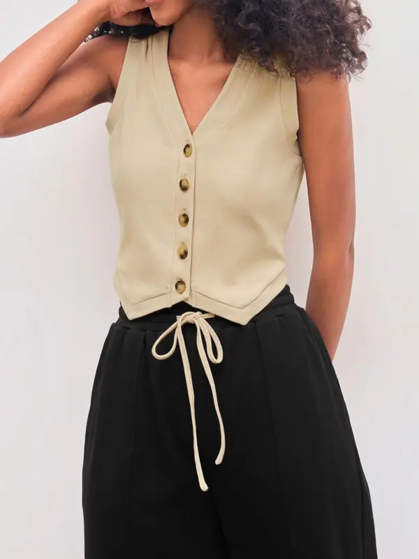 Women's Solid Color V Neck Button Front Tank Top & Tie Front Straight Leg Pants Two-piece Set, Casual Fashion Cozy Two Piece Outfits for Daily Outdoor Wear, Ladies Clothes for All Seasons 8