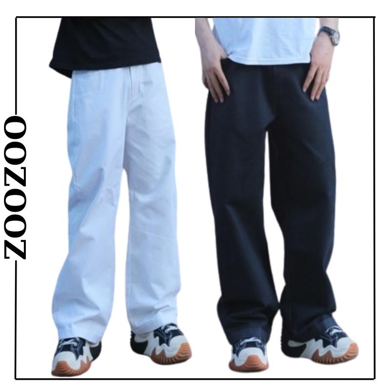  ZooZoo - Quần dài ống rộng lật lai vải kaki cotton form rộng cực chất SELI hàng Unisex Nam Nữ Trắng kem đen 