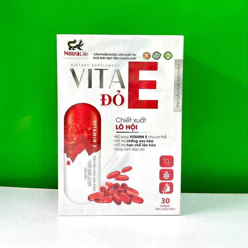 - VITA E ĐỎ Hoa anh thảo, giúp da sáng hồng mịn màng cắng bóng , hỗ trợ chống oxi hoá ,hạn chế da lão hoá. Cải thiện da khô nhăn ,nám sạm tăng sắc tố, đốm nâu nám sạm không đều màu, 1 hộp 30V dùng được 1 tháng. 8