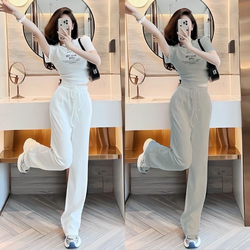 Set đồ nữ áo thun họa tiết in chữ kèm quần dài xinh xắn dành cho các nàng diện đi chơi. Women Top