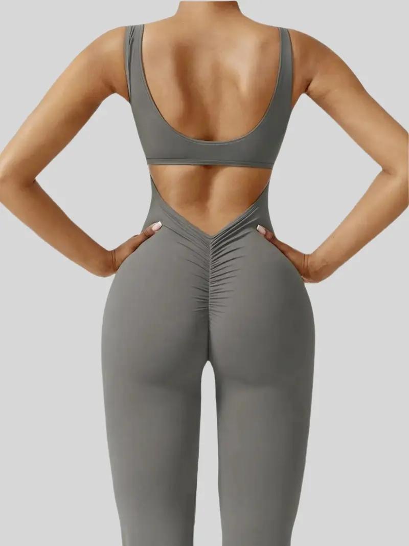 Women's Cut Out Ruched Backless Flare Leg Tank Sports Jumpsuit