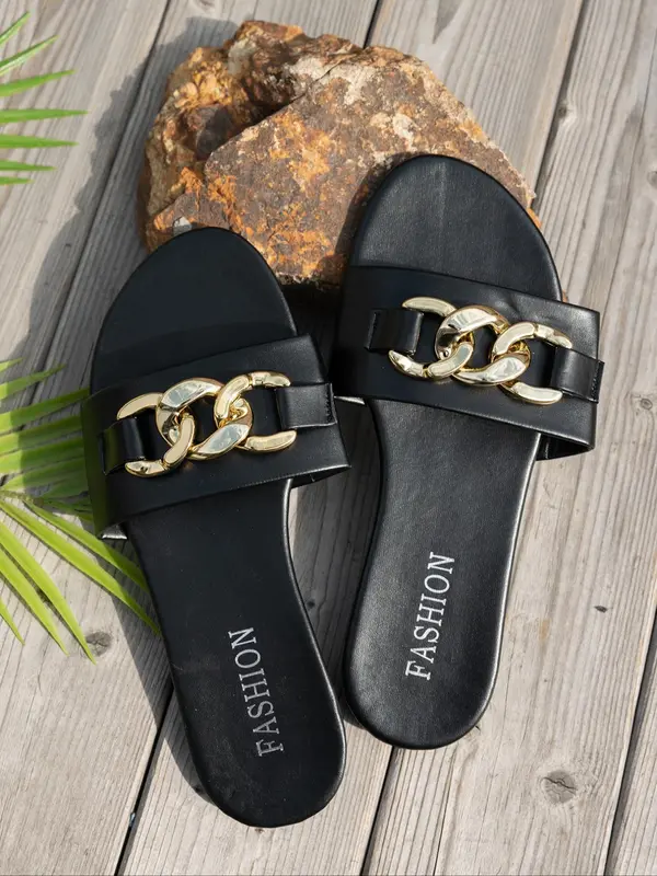 Women's Fashionable Chain Decorated Slide Sandals, Casual Comfortable Flat Sandals for Summer, Lightweight Breathable Slippers for Daily Wear, Walking Shoes, Classy Sandals 4
