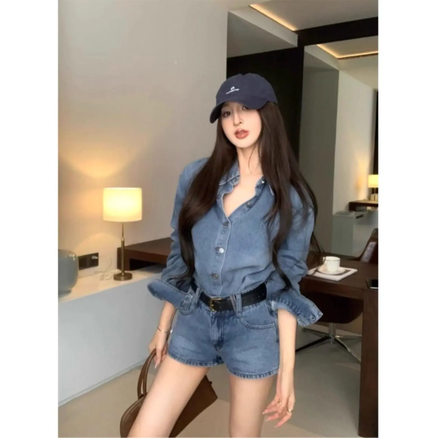 Bộ Đồ Denim Phong Cách Cổ Điển Dành Cho Nữ, Bộ Sưu Tập Mùa Xuân 2025, Hàng Mới Về, Áo Sơ Mi Dài Tay Có Ve Áo, Quần Đùi Cạp Cao Bộ Đồ Hai Mảnh Thời Trang