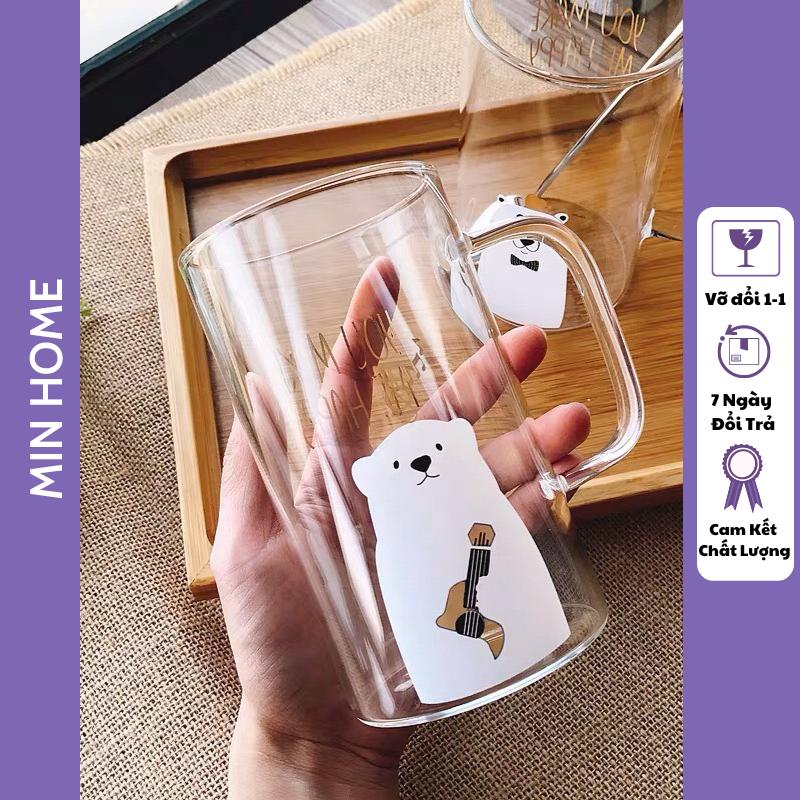Cốc thuỷ tinh decor có quai uông nước hình gấu đáng yêu 600ml