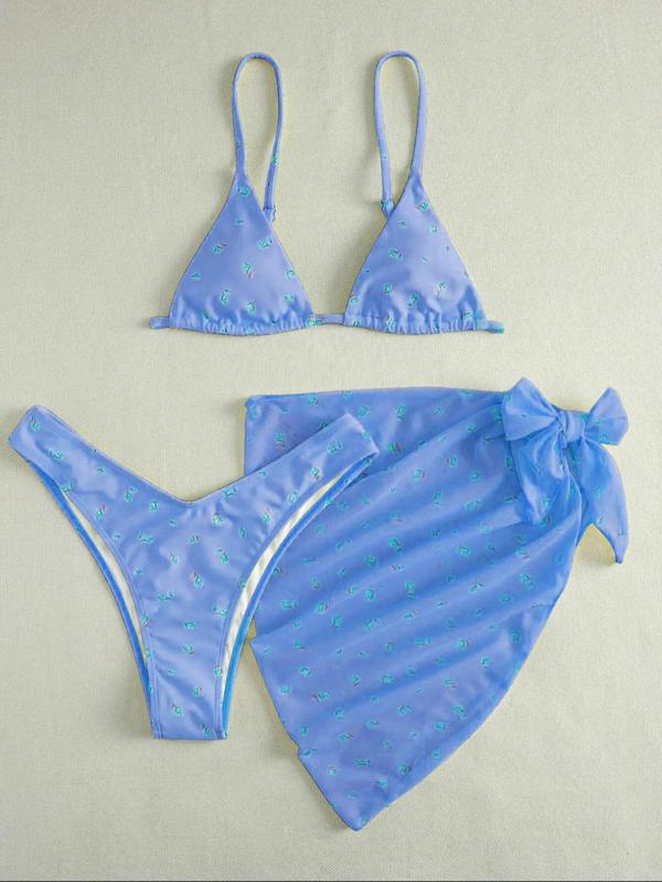 Three-Piece Set Women's Ditsy Floral Print Bow Decor Swimsuit Set, Summer Clothes Women, Adjustable Strap Triangle Bikini Bra & High Cut Bikini Panty & Asymmetrical Cover Up Skirt Set, Women's Swimwear 3