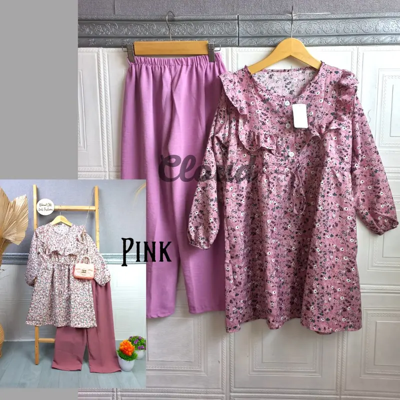 Setelan Anak perempuan motif bunga bahan crinkle airflo kombinasi Shakila usia 7-12 Tahun Oneset Kiyowo 5