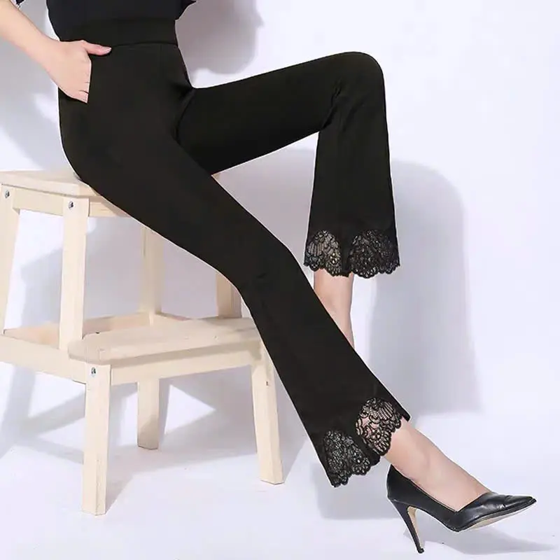 Quần Suông Ống loe phối ren Bigsize 50- 80kg  sang chảnh, chất sạn co giãn 4 chiều dày dặn thấm hút mồ hôi-KKS- Mã 502 4