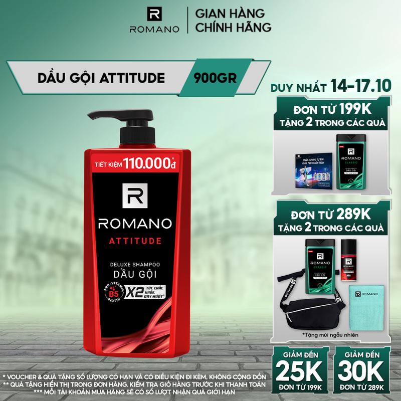 [ĐƠN 199K TẶNG 2 QUÀ] Dầu gội cao cấp Dưỡng Tóc cho nam Romano Attitude 900g