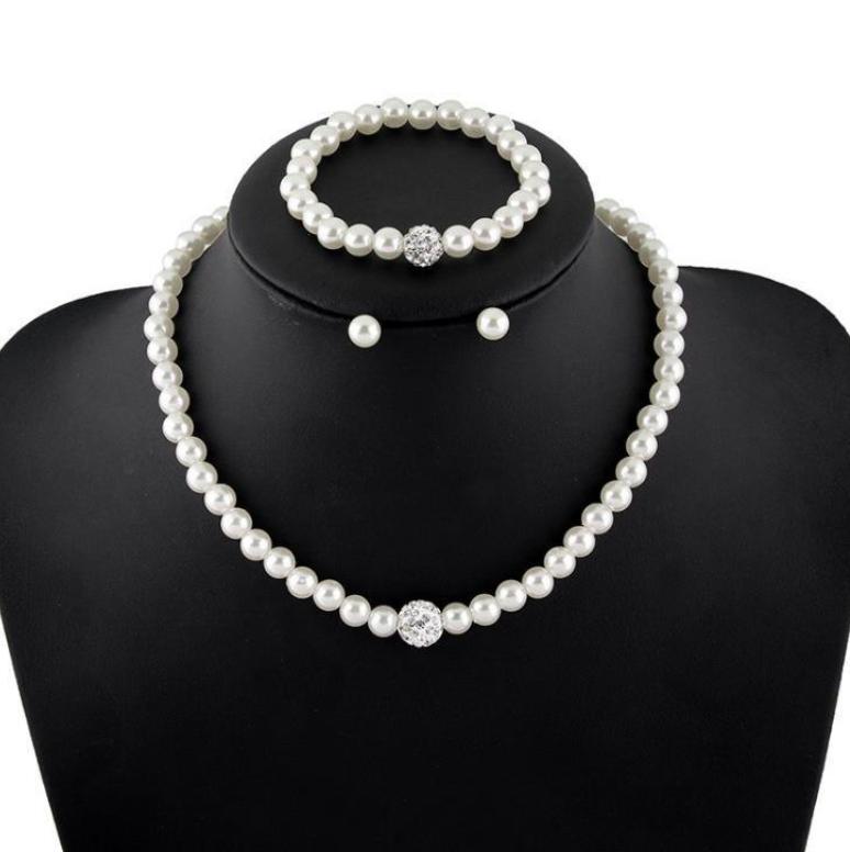 Bộ trang sức nữ vòng cổ vòng tay bông tai ngọc trai nhân tạo màu trắng đính đá phong cách hàn quốc cá tính
