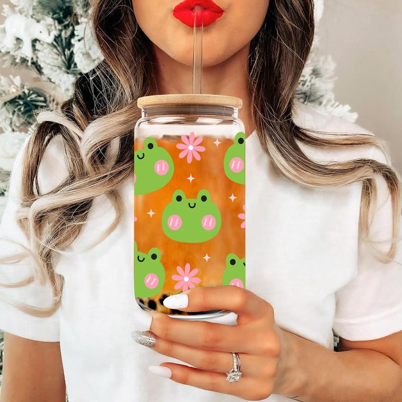 Product Introduction of Frog Pattern Glass Cup with Bamboo Lid & Glass Straw, 1 Count Cute Glass Cup, Drinking Cup for Home Office, Gift for Women Friend Sister Her, Drinkware 4