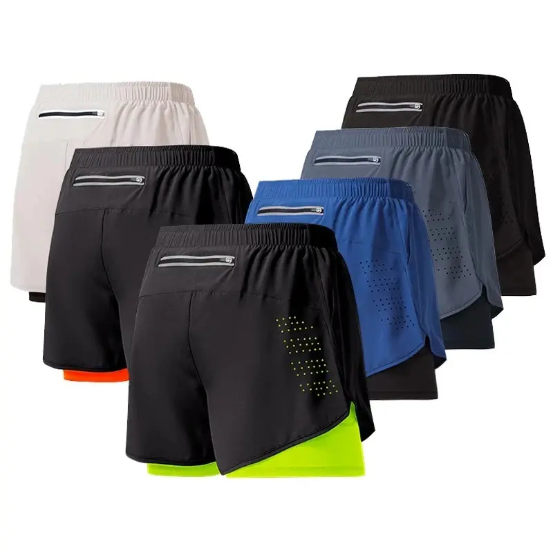 Men's Running Shorts Quick-drying Fitness Black Double Layer Shorts Men New Sport Workout Training Bodybuilding Short Pants running  splits  shorts scrunch  gym  shorts  gymshark
