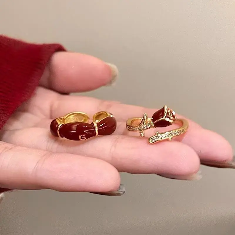 【Sktlz】Wine Red Rose Zircon Ring Wanita Buka Indeks Cincin Finger Temperature Adjustable Ring 3