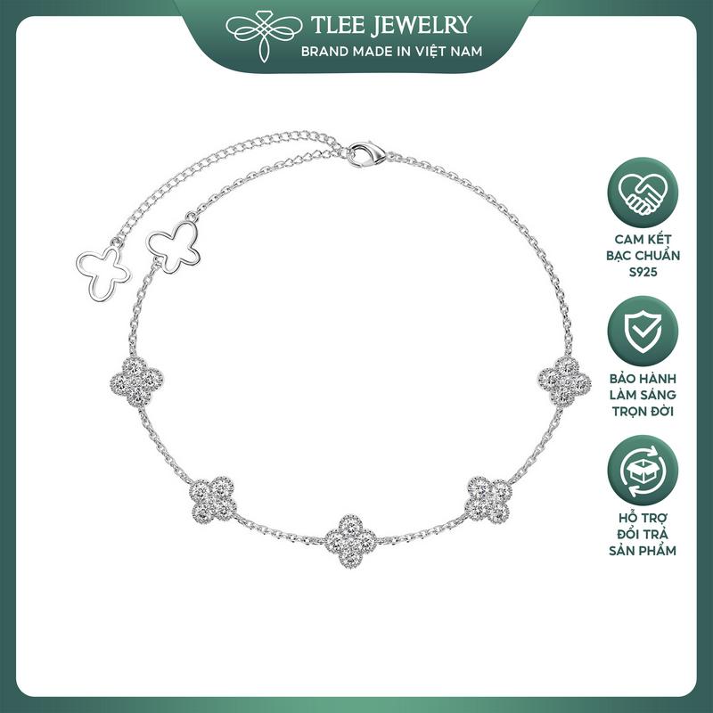 Lắc tay bạc nữ TLEE cỏ bốn lá đính đá năm mặt treo charm hồ điệp cánh trơn nữ tính TLEE JEWELRY LT0402