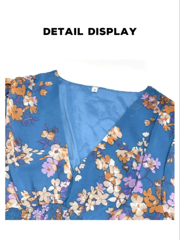 Women's Floral Print Shirred V Neck A Line Dress, Boho Fashion Short Sleeve Long Dress for Beach Vacation Holiday Wedding Guest, Ladies Dress for Summer 5