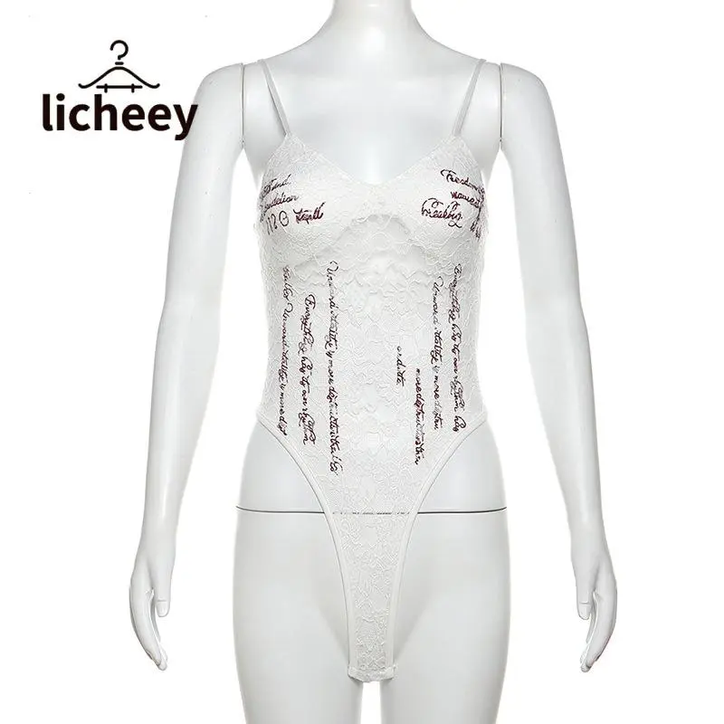 Bodysuit Dây Đeo Spaghetti Dành Cho Phụ Nữ, Họa Tiết Chữ Cái, Không Tay, Cổ Chữ V, Áo Liền Quần, Với Ren Và Lưới, Áo Lót 7