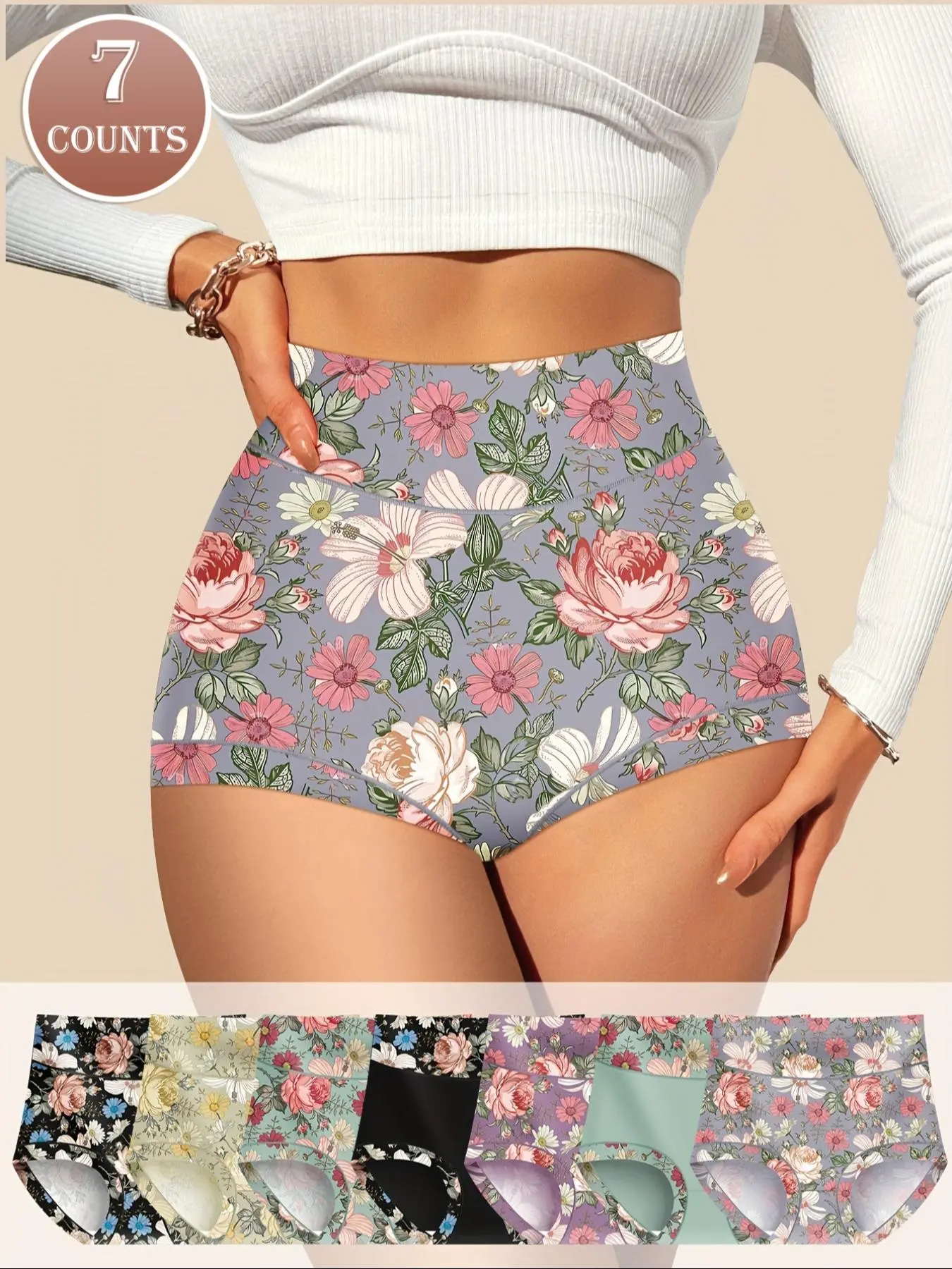 Women's All Over Floral Print High Waist Panty, Tummy Control Butt Lifting Underwear, Casual Comfy Breathable Fit Knicker for Daily Wear, Ladies Underwear for All Seasons