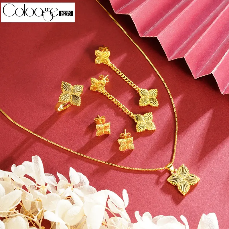 Vietnam Placer Gold Four-Leaf Flower Necklace Earrings Ring Female Summer High-Grade Light Luxury Jewelry Suit Combination Wholesale tennis bracelet jewellery  set