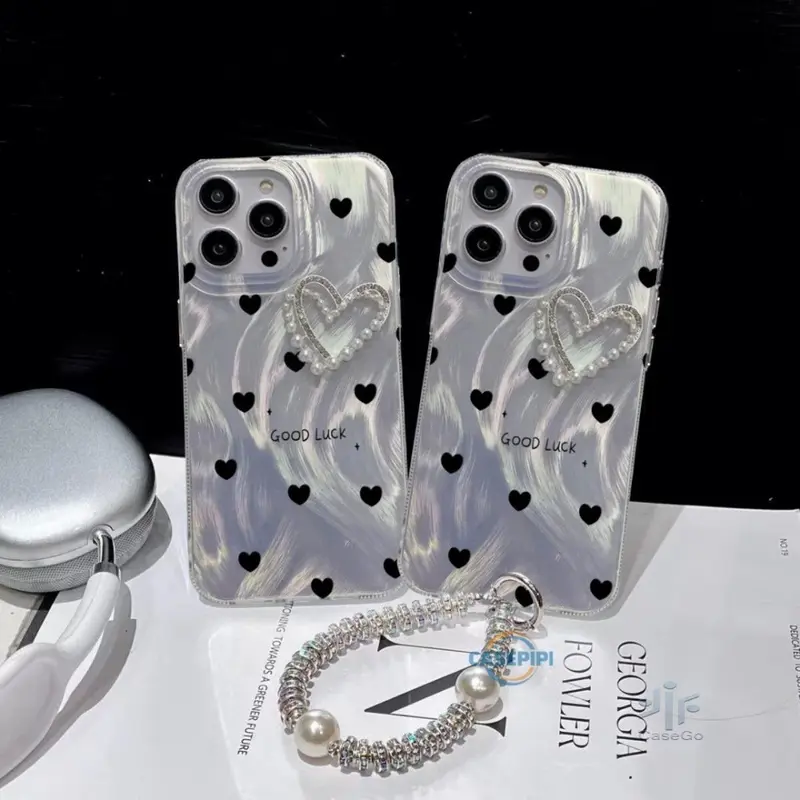 CASEGO Case hp OPPO A3X A60 A18 A38 A78 A58 A57 2022 Casing hp OPPO A17 A79 A17k A16 A16K A16E A15 A15S A54S A3S A5S A12 F9 A31 A52 A53 Reno 8T Lanyard Kesing Luxury Pearl Love Heart Bracket Shining Feather Hard Case 5