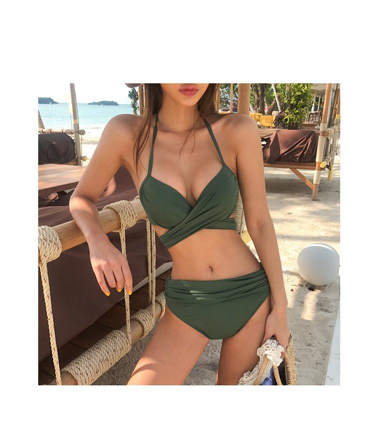 Product Introduction of [two piece triangle]Bikini Sexy Three-Point Army Green Steel Bracket Push up Cup Sexy Push-up Personality Bandage Split Swimsuit Women's Two-Piece Triangle 4