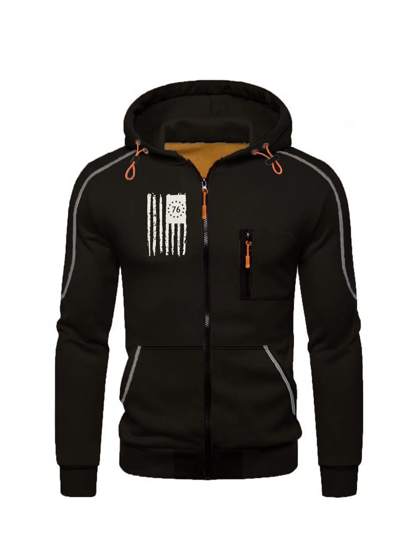Men's Solid American Flag Print Solid Zip Up Drawstring Hoodie Sport Jacket, Casual Long Sleeve Zipper Pocket Hooded Outerwear for Fall & Winter, Men's Clothes for Daily Wear