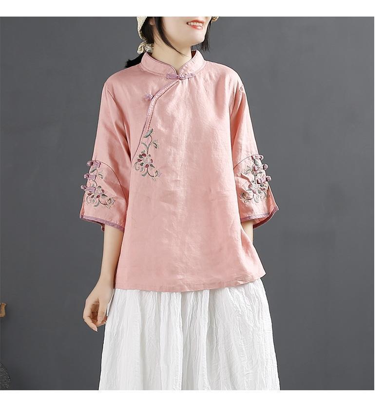 Product Introduction of Oemg2024 Summer New Chinese Style Retro Cotton and Linen Shirt Women's Chinese Style Stand-up Collar Frog Button Top Embroidered Cotton Tea Clothes 21