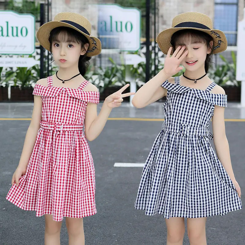Trang Phục Mùa Hè Cho Bé Gái, Thời Trang, Phong Cách Hàn Quốc, Váy Trễ Vai Sang Trọng, Họa Tiết Kẻ Sọc Cổ Điển Thích Hợp Cho Bé Gái Và Trẻ Em Lớn, 2025 1