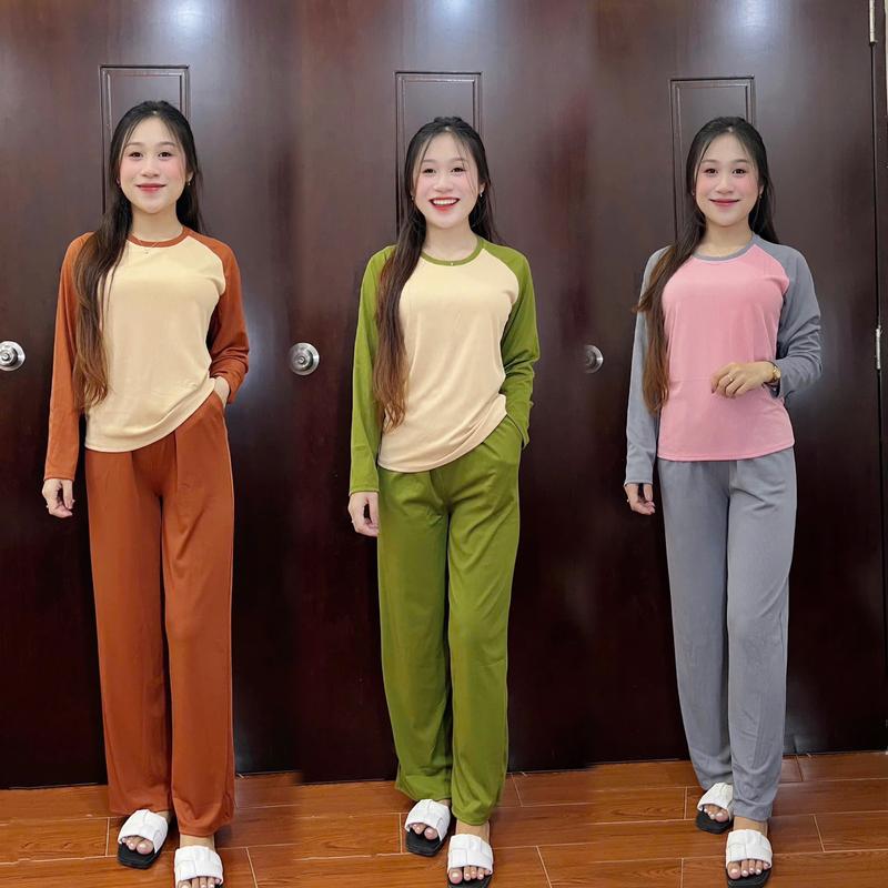 Bộ Thun Gân  Tăm Quần Áo Nữ BigSize Kiểu Dáng Cổ Tròn Tay Dài Che Bụng Quần Dài Ống Suông Ủ Kem Ong Top Women Nhung Đen