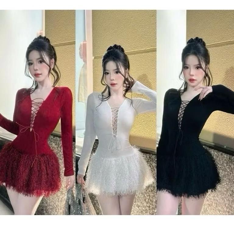 Đầm Body Tay Dài Phối Dây Đan Ngực Lông Vũ 3 Màu Chuẩn Form Siêu Tôn Dáng Nữ Women Dress (Hình thật cuối)
