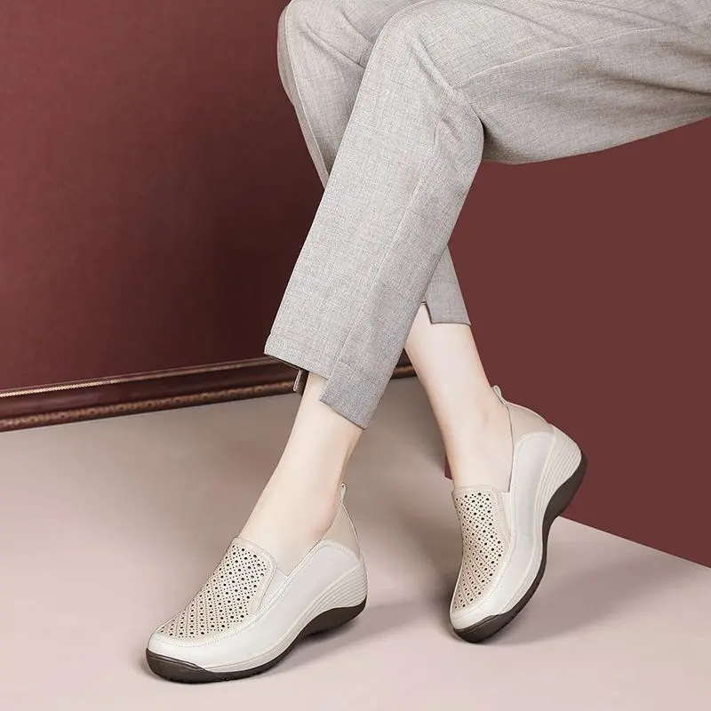 2024 spring and summer new authentic leather hollow out women's shoes platform shoes soft bottom soft surface comfortable casual shoes flat pumps women's shoes