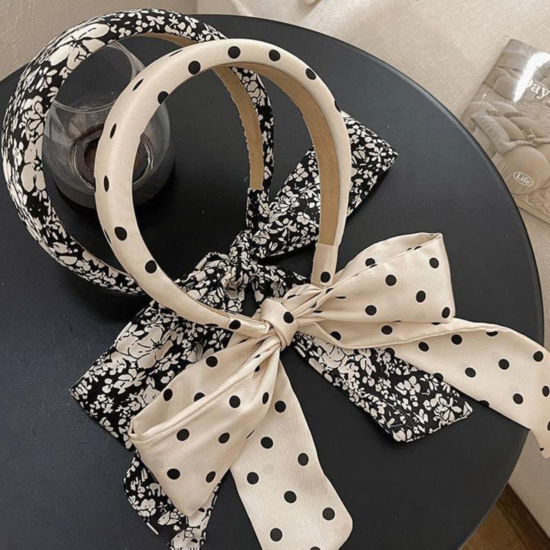 Product Introduction of Fashion 2024 New Women's Polka Dot Bow Ribbon Headband Face Washing Hair Pressing Headband High Skull Hair Tied Ribbon Headdress 27