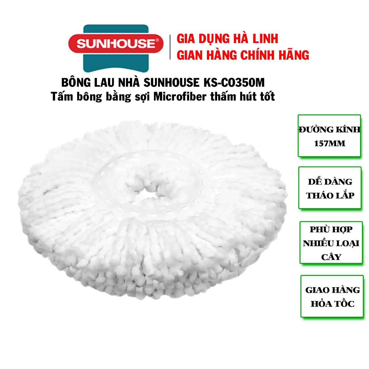 Bông lau nhà Microfiber xoay 360 độ Sunhouse KS-CO350M, chất liệu sợi Microfiber cao cấp, thấp hút nước cao, mềm Lau Sàn Cây Lau Nhà