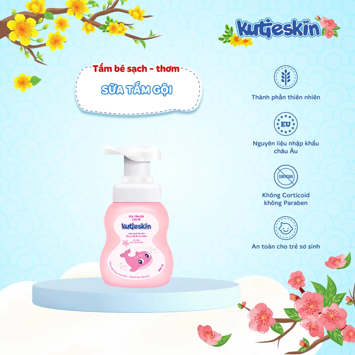 Sữa Tắm Gội Kutieskin 200ml Cho Bé: Tắm gội toàn thân, an toàn lành tính phù hợp với mọi loại da bé