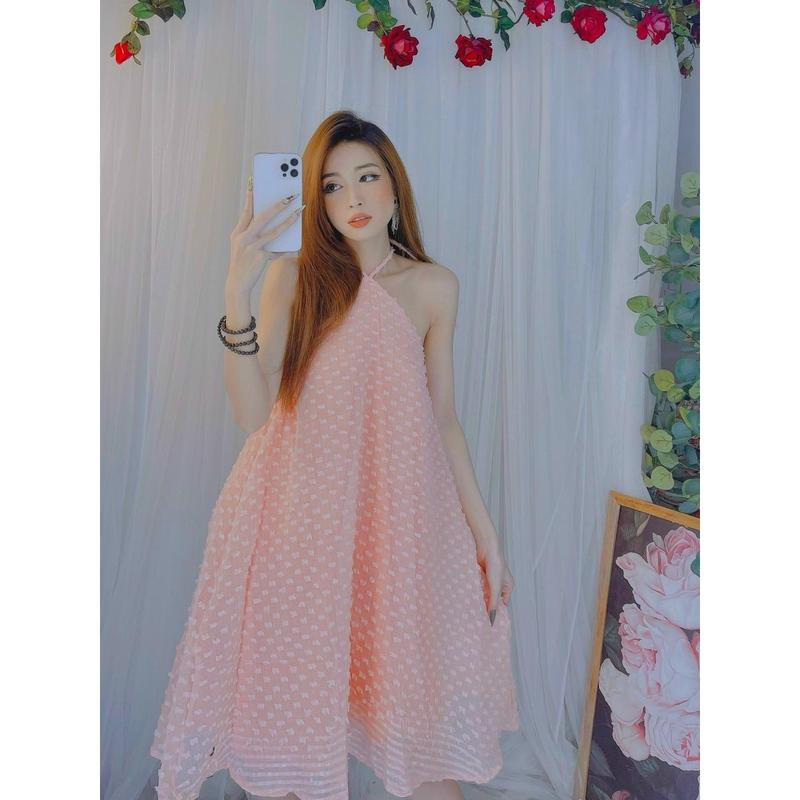 Đầm cổ yếm dây chéo cổ vải hoa nổi K033 Women Dress