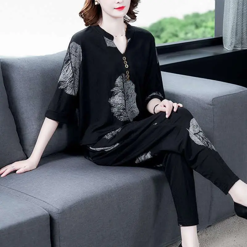 Bộ Cho Mẹ, LX Thanh Lịch, Quần Palazzo Ống Rộng Và Áo Cạp Trung, Phong Cách Rộng rãi