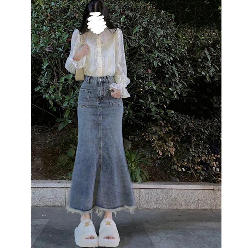 Váy denim Xanh Biển cổ điển dành cho phụ nữ, áo sơ mi, trang phục giản dị, che hông, quần áo mùa xuân, eo cao mới, váy đuôi cá đa năng thanh lịch 2
