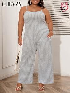 CURVZY Plus Size Autumn Aesthetic Plain Pocket Adjustable Strap Cami Jumpsuit, Casual Sleeveless Jumpsuit for Summer, Women's Plus Clothing for Daily Wear