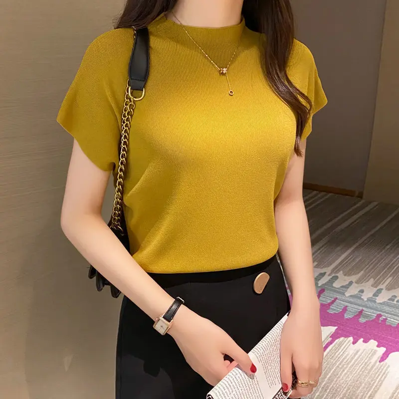 Áo Len Dệt Kim Lụa Lạnh Mỏng Cỡ Lớn Cho Nữ, Áo Chui Đầu Ngắn Tay, Màu Trơn, Cổ Tròn Dáng Rộng, Không Tay, Áo Thun Nữ Có Đáy, Mùa Xuân Và Mùa Hè, top